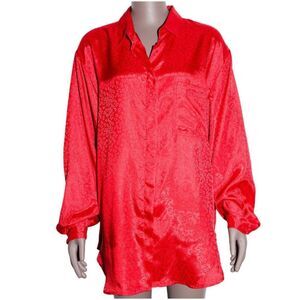 Red Satin Jacquard Oversized Shirt Long Sleeve‎ Button Down Mens Unisex Size M